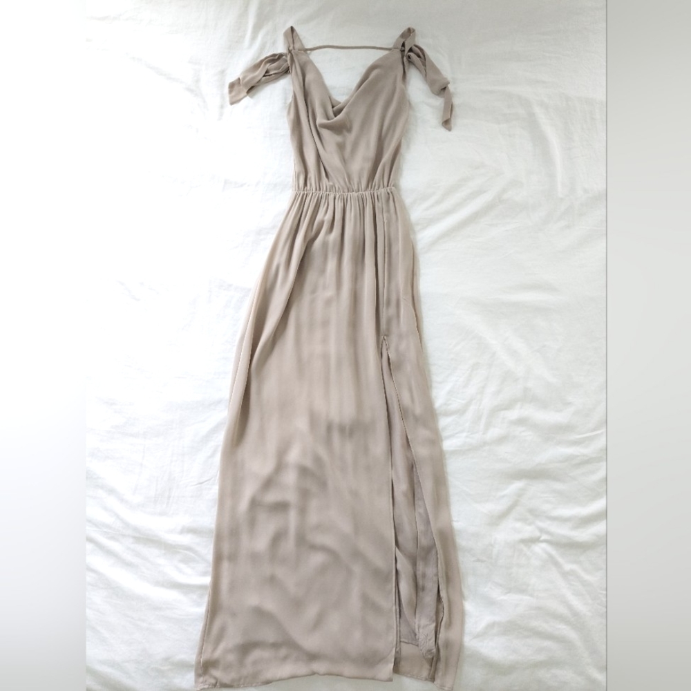 BNWT Taupe Maxi Dress with Cowl Neck and Exposed Back